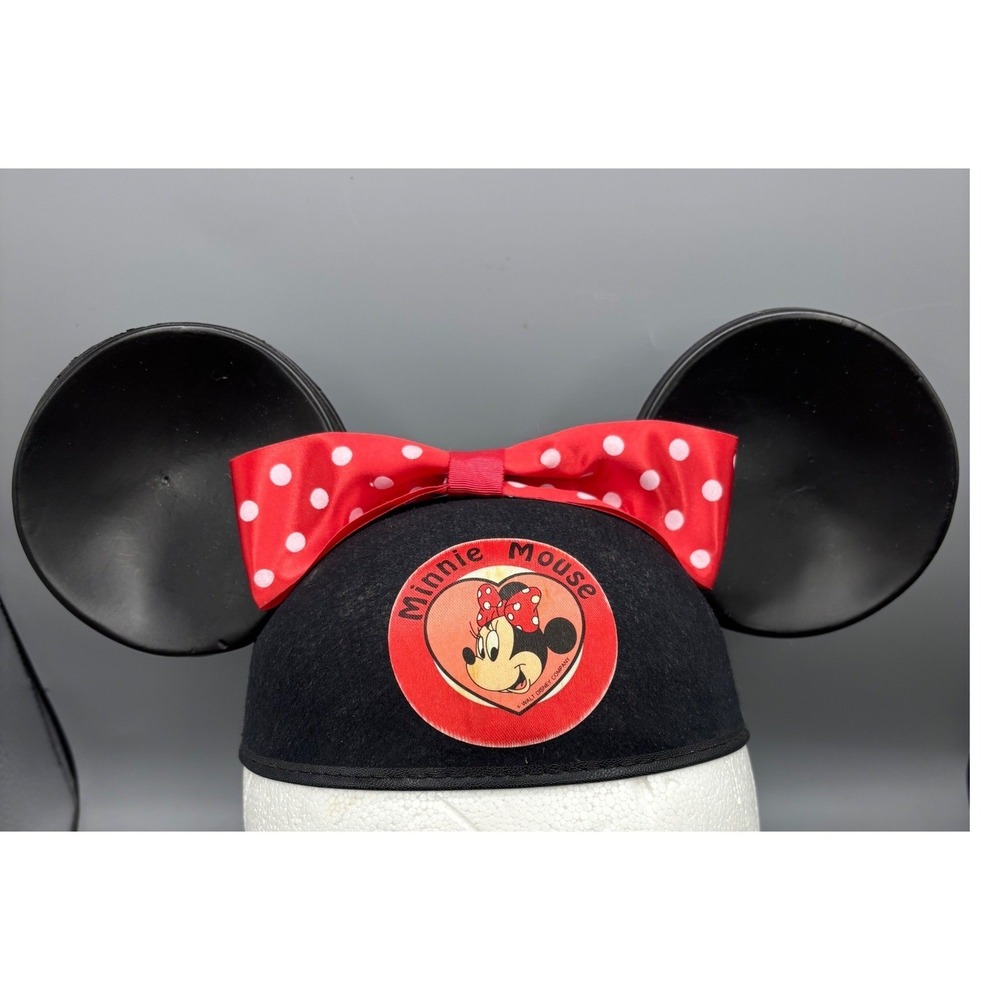 Vintage 90s Disney Minnie Mouse Ear Hat Black Felt Red Polka Dot Bow Made in USA